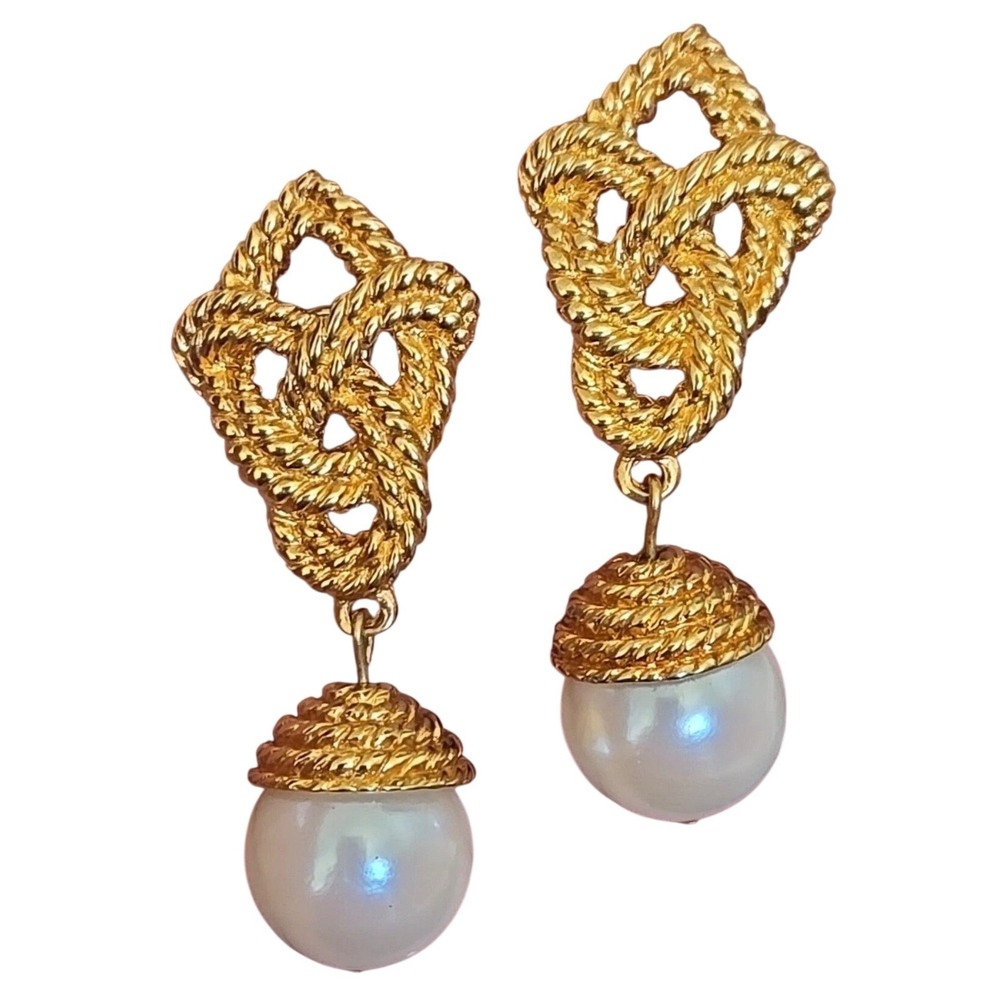 Vtg Gold Rope Knot Faux Pearl Drop Earrings Textured Statement Pierced Classic
